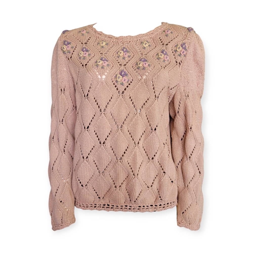 NWT Vintage Hand Crochet Embroidered Pale Pink Sweater Cottagecore Medium